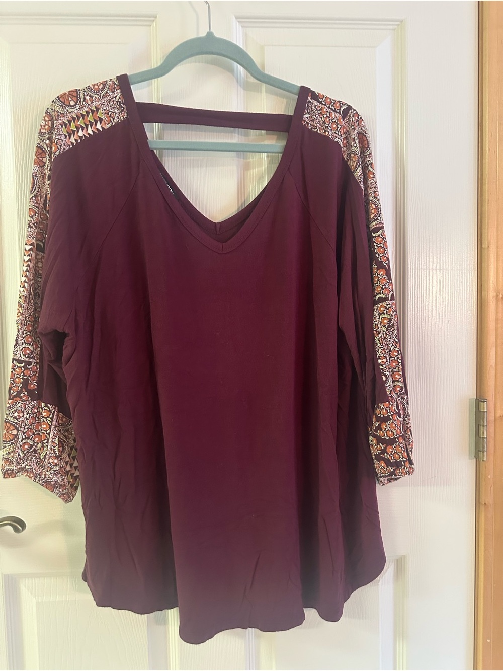 Papermoon Burgundy V-Neck Tunic with Patterned Sleeve Panels 2X